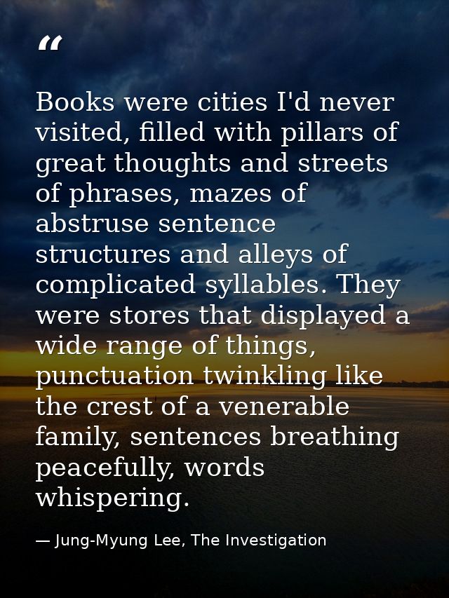 Books were cities I'd never visited, filled with pillars of great thoughts and streets of phrases, mazes of abstruse sen — Jung-Myung Lee, The Investigation