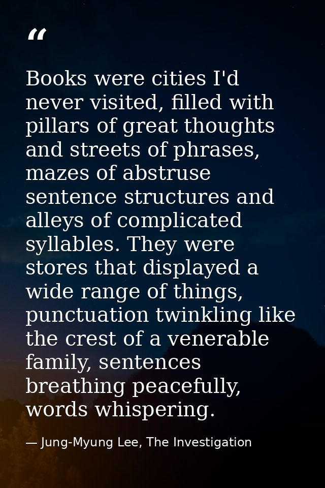 Books were cities I'd never visited, filled with pillars of great thoughts and streets of phrases, mazes of abstruse sen — Jung-Myung Lee, The Investigation