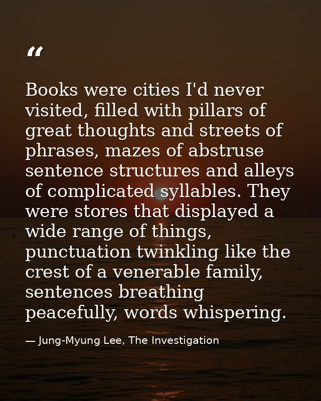 Books were cities I'd never visited, filled with pillars of great thoughts and streets of phrases, mazes of abstruse sen — Jung-Myung Lee, The Investigation