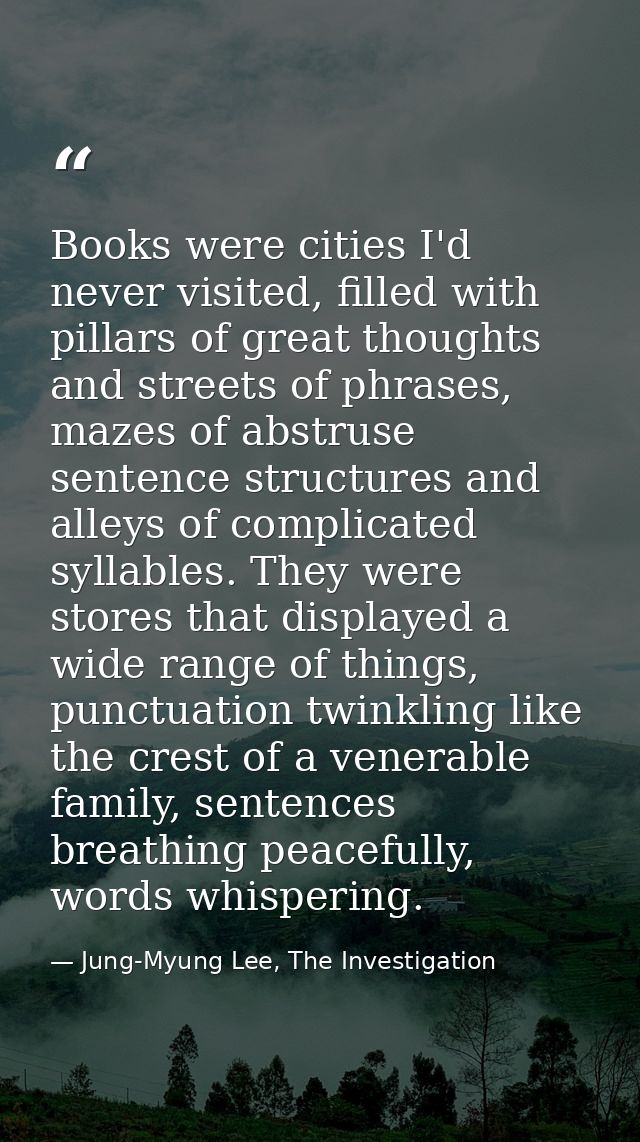 Books were cities I'd never visited, filled with pillars of great thoughts and streets of phrases, mazes of abstruse sen — Jung-Myung Lee, The Investigation