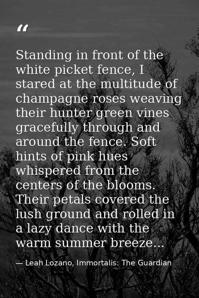 Standing in front of the white picket fence, I stared at the multitude of champagne roses weaving their hunter green vin — Leah Lozano, Immortalis: The Guardian