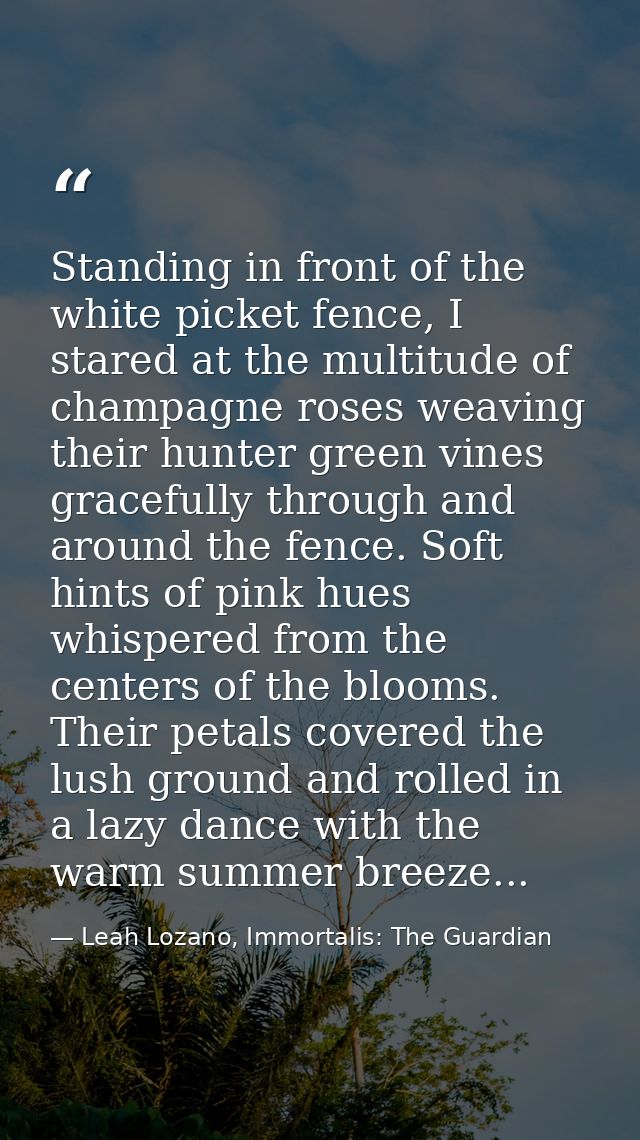 Standing in front of the white picket fence, I stared at the multitude of champagne roses weaving their hunter green vin — Leah Lozano, Immortalis: The Guardian