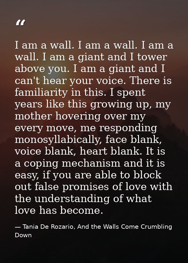 I am a wall. I am a wall. I am a wall. I am a giant and I tower above you. I am a giant and I can't hear your voice. The — Tania De Rozario, And the Walls Come Crumbling Down