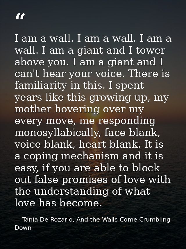 I am a wall. I am a wall. I am a wall. I am a giant and I tower above you. I am a giant and I can't hear your voice. The — Tania De Rozario, And the Walls Come Crumbling Down