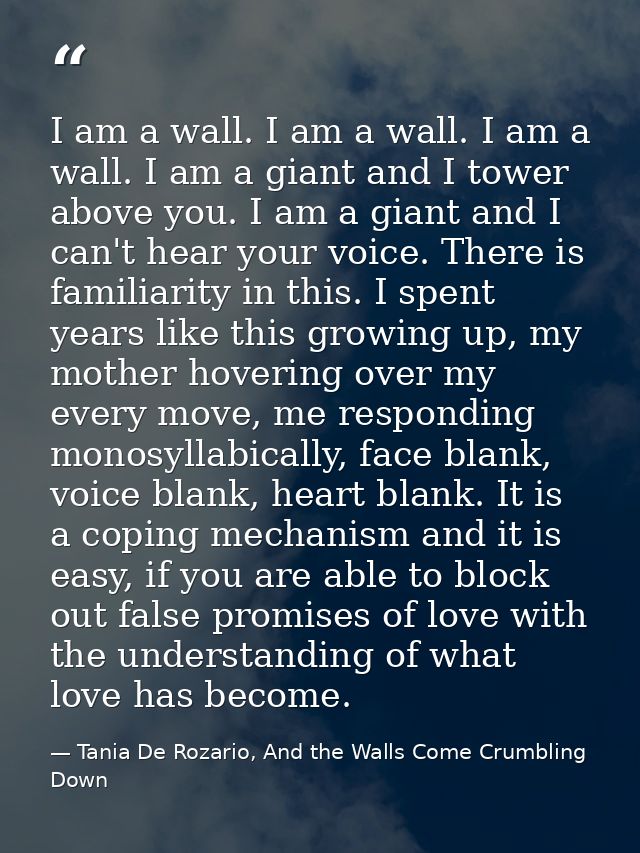 I am a wall. I am a wall. I am a wall. I am a giant and I tower above you. I am a giant and I can't hear your voice. The — Tania De Rozario, And the Walls Come Crumbling Down