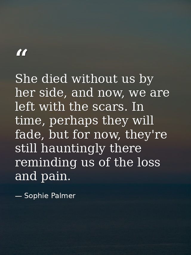 She died without us by her side, and now, we are left with the scars. In time, perhaps they will fade, but for now, they — Sophie Palmer