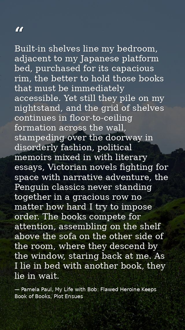 Built-in shelves line my bedroom, adjacent to my Japanese platform bed, purchased for its capacious rim, the better to h — Pamela Paul, My Life with Bob: Flawed Heroine Keeps Book of Books, Plot Ensues