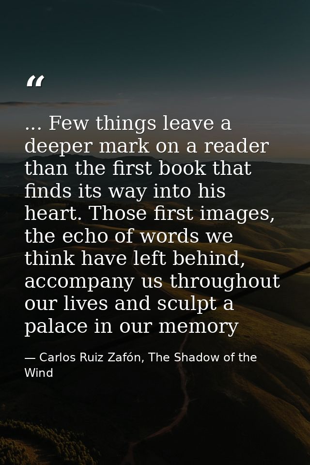 ... Few things leave a deeper mark on a reader than the first book that finds its way into his heart. Those first images — Carlos Ruiz Zafón, The Shadow of the Wind