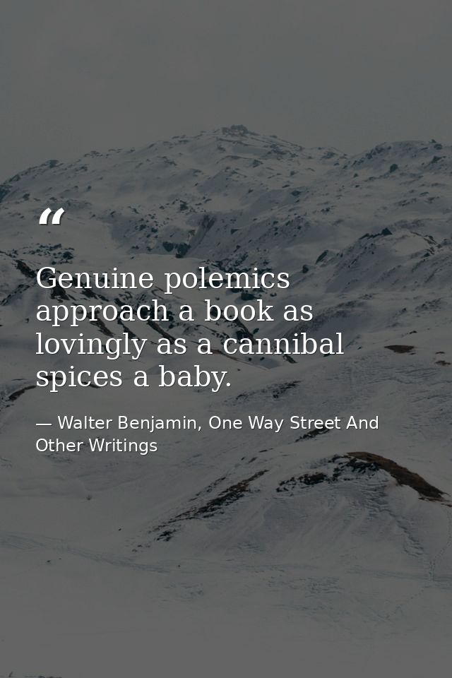 Genuine polemics approach a book as lovingly as a cannibal spices a baby. — Walter Benjamin, One Way Street And Other Writings