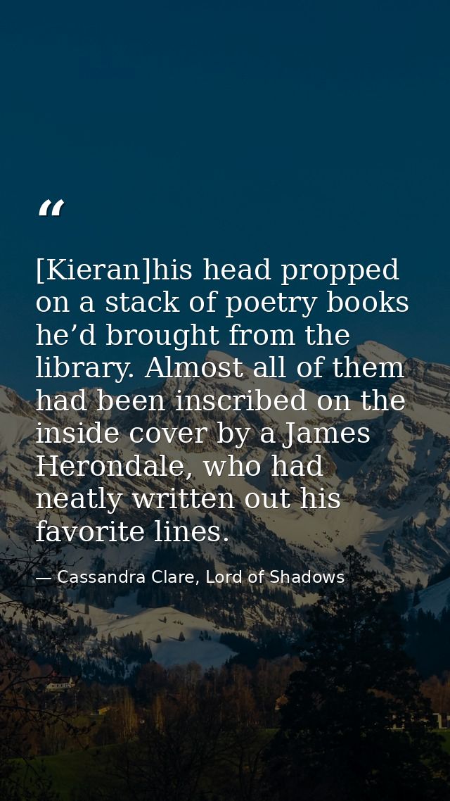 [Kieran]his head propped on a stack of poetry books he’d brought from the library. Almost all of them had been inscribed — Cassandra Clare, Lord of Shadows
