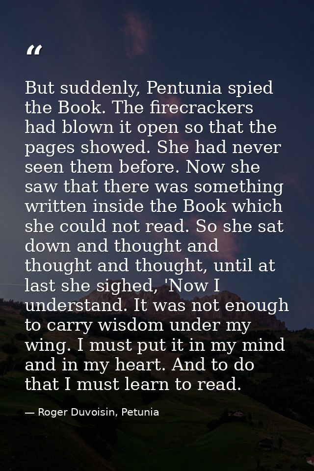 But suddenly, Pentunia spied the Book. The firecrackers had blown it open so that the pages showed. She had never seen t — Roger Duvoisin, Petunia