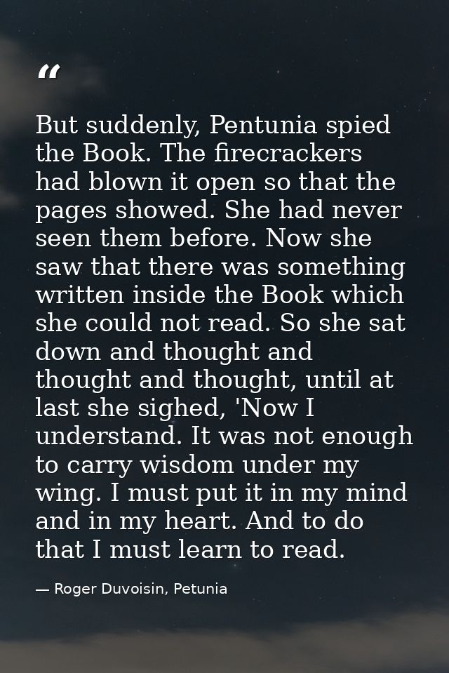 But suddenly, Pentunia spied the Book. The firecrackers had blown it open so that the pages showed. She had never seen t — Roger Duvoisin, Petunia