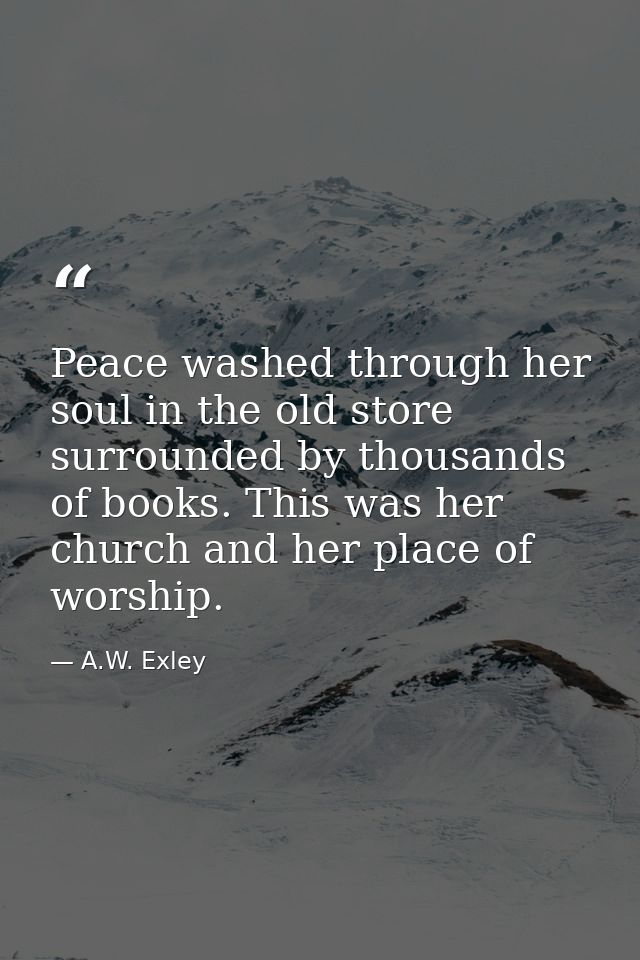 Peace washed through her soul in the old store surrounded by thousands of books. This was her church and her place of wo — A.W. Exley