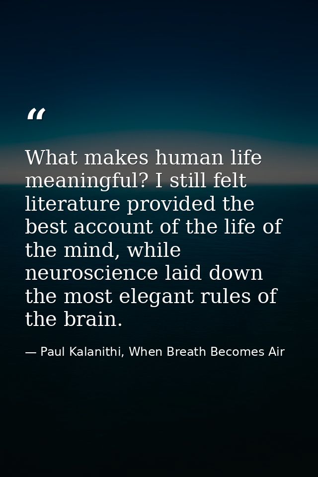 What makes human life meaningful? I still felt literature provided the best account of the life of the mind, while neuro — Paul Kalanithi, When Breath Becomes Air