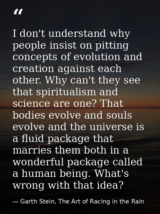 I don't understand why people insist on pitting concepts of evolution and creation against each other. Why can't they se — Garth Stein, The Art of Racing in the Rain