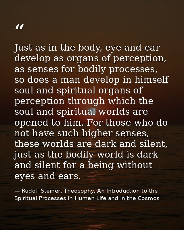 Just as in the body, eye and ear develop as organs of perception, as senses for bodily processes, so does a man develop  — Rudolf Steiner, Theosophy: An Introduction to the Spiritual Processes in Human Life and in the Cosmos