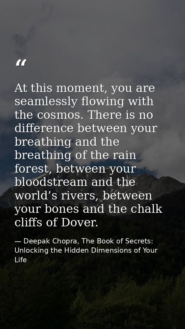 At this moment, you are seamlessly flowing with the cosmos. There is no difference between your breathing and the breath — Deepak Chopra, The Book of Secrets: Unlocking the Hidden Dimensions of Your Life