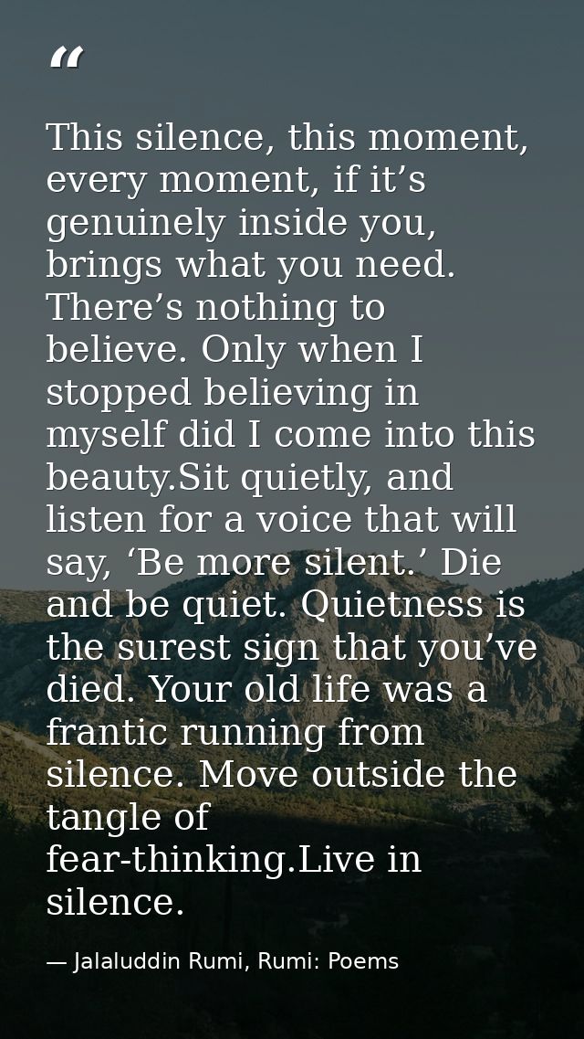 This silence, this moment, every moment, if it’s genuinely inside you, brings what you need. There’s nothing to believe. — Jalaluddin Rumi, Rumi: Poems