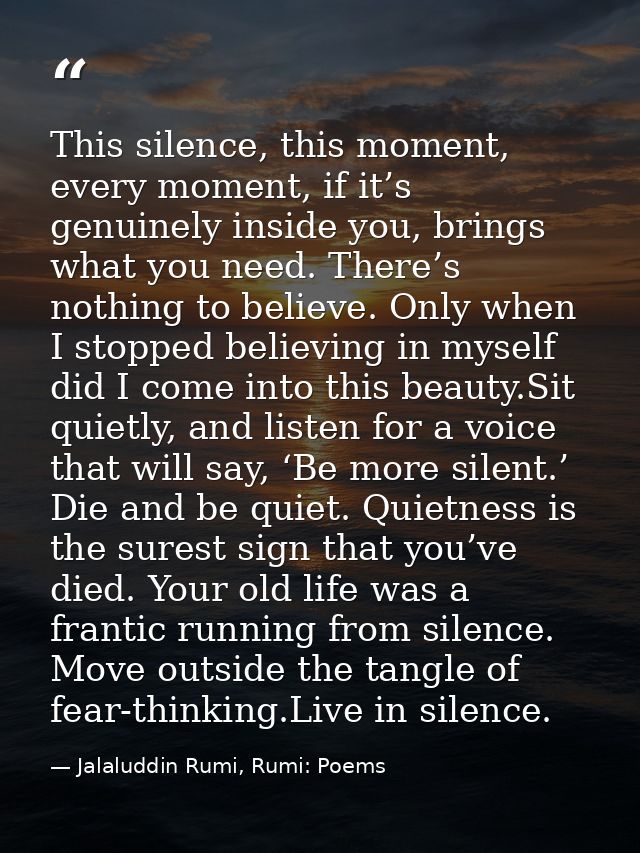 This silence, this moment, every moment, if it’s genuinely inside you, brings what you need. There’s nothing to believe. — Jalaluddin Rumi, Rumi: Poems