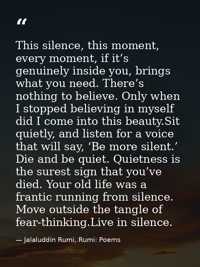 This silence, this moment, every moment, if it’s genuinely inside you, brings what you need. There’s nothing to believe. — Jalaluddin Rumi, Rumi: Poems