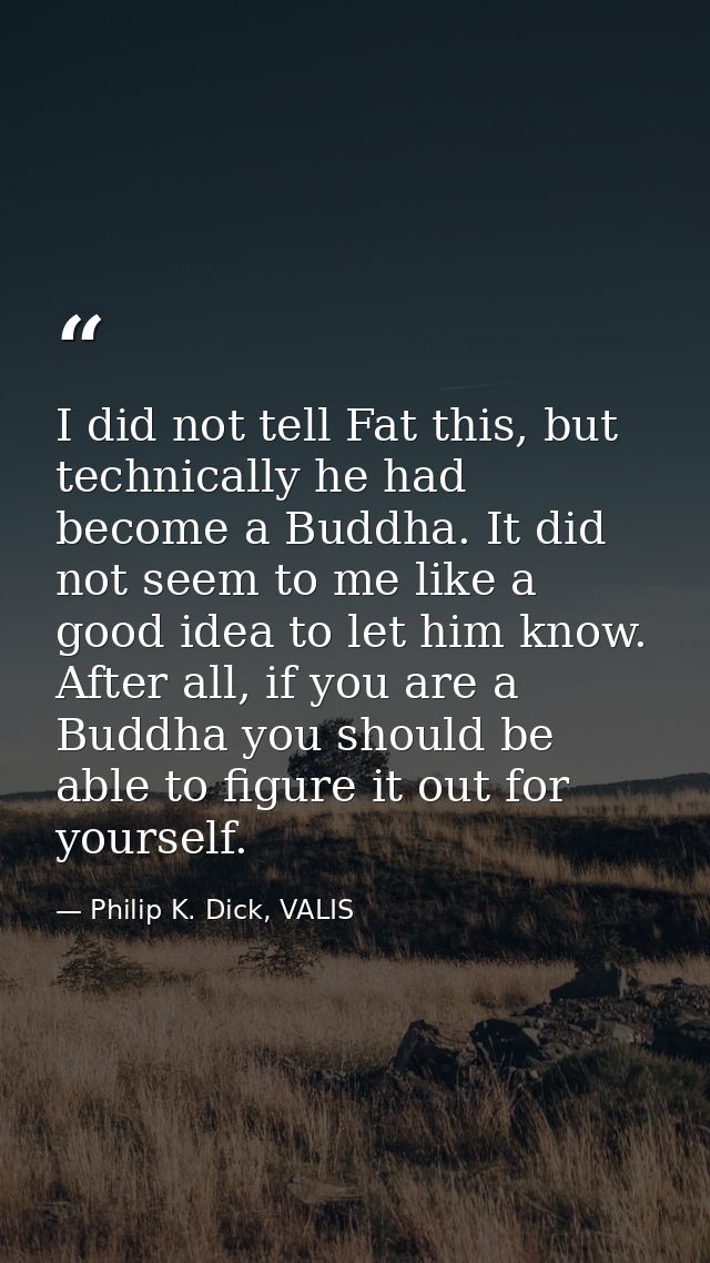 I did not tell Fat this, but technically he had become a Buddha. It did not seem to me like a good idea to let him know. — Philip K. Dick, VALIS