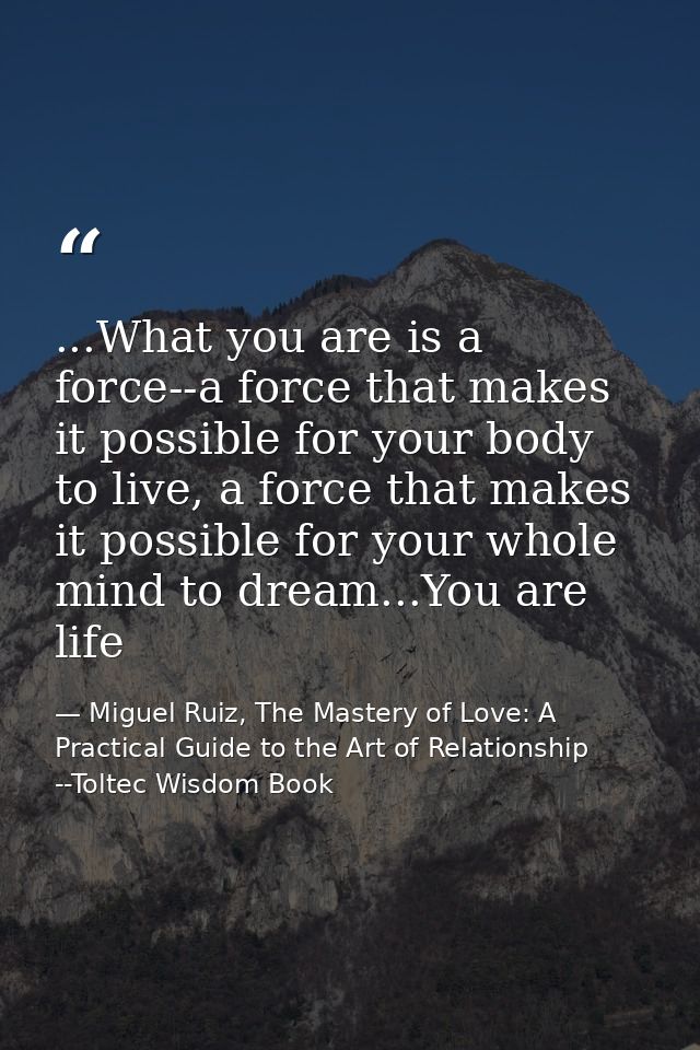...What you are is a force--a force that makes it possible for your body to live, a force that makes it possible for you — Miguel Ruiz, The Mastery of Love: A Practical Guide to the Art of Relationship --Toltec Wisdom Book