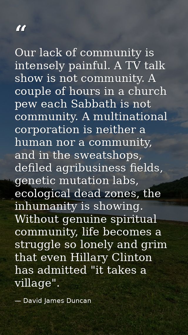 Our lack of community is intensely painful. A TV talk show is not community. A couple of hours in a church pew each Sabb — David James Duncan