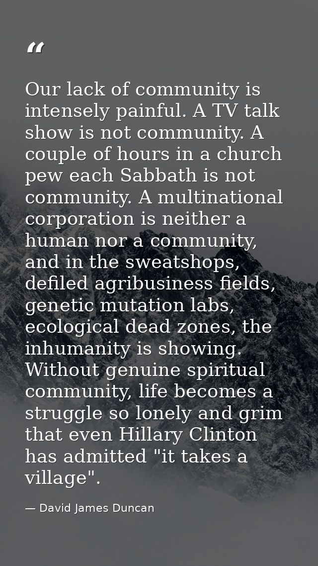 Our lack of community is intensely painful. A TV talk show is not community. A couple of hours in a church pew each Sabb — David James Duncan