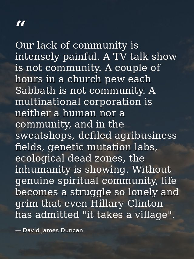 Our lack of community is intensely painful. A TV talk show is not community. A couple of hours in a church pew each Sabb — David James Duncan
