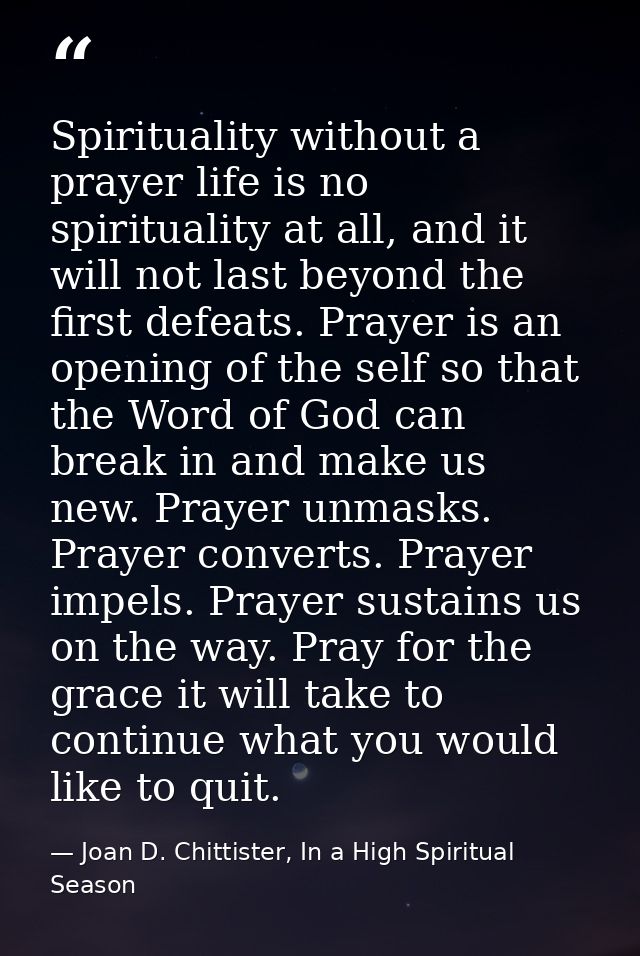 Spirituality without a prayer life is no spirituality at all, and it will not last beyond the first defeats. Prayer is a — Joan D. Chittister, In a High Spiritual Season