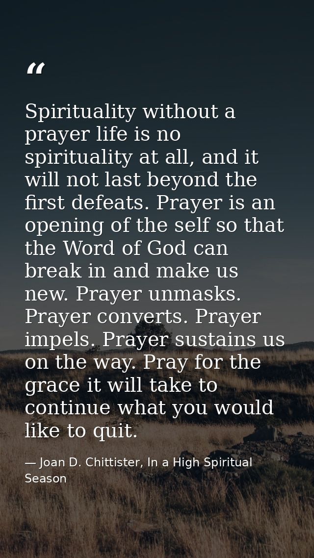 Spirituality without a prayer life is no spirituality at all, and it will not last beyond the first defeats. Prayer is a — Joan D. Chittister, In a High Spiritual Season
