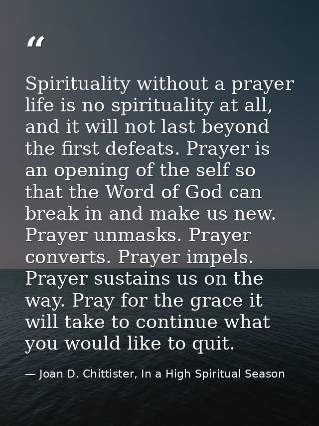 Spirituality without a prayer life is no spirituality at all, and it will not last beyond the first defeats. Prayer is a — Joan D. Chittister, In a High Spiritual Season