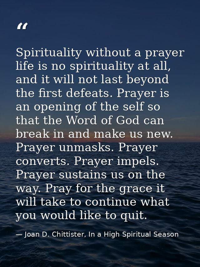 Spirituality without a prayer life is no spirituality at all, and it will not last beyond the first defeats. Prayer is a — Joan D. Chittister, In a High Spiritual Season