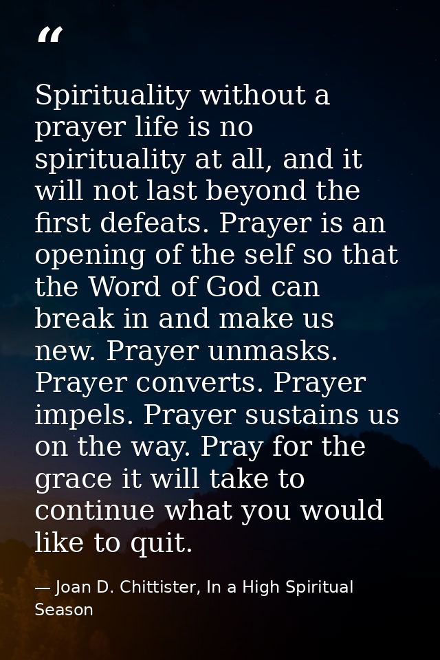 Spirituality without a prayer life is no spirituality at all, and it will not last beyond the first defeats. Prayer is a — Joan D. Chittister, In a High Spiritual Season