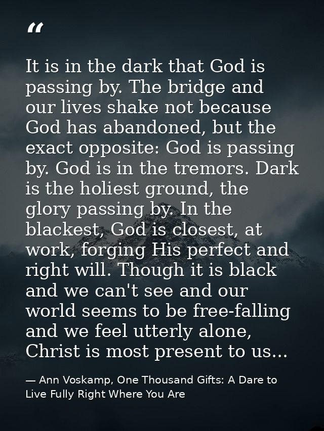 It is in the dark that God is passing by. The bridge and our lives shake not because God has abandoned, but the exact op — Ann Voskamp, One Thousand Gifts: A Dare to Live Fully Right Where You Are