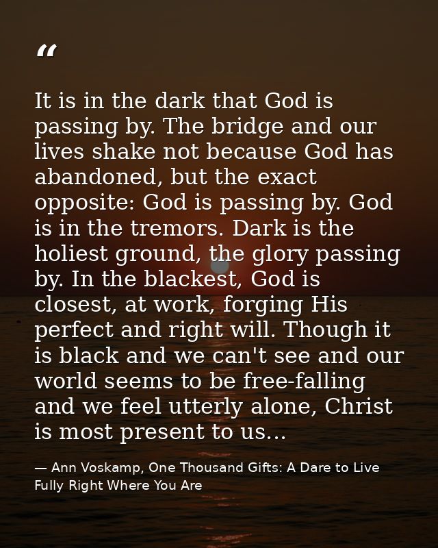 It is in the dark that God is passing by. The bridge and our lives shake not because God has abandoned, but the exact op — Ann Voskamp, One Thousand Gifts: A Dare to Live Fully Right Where You Are