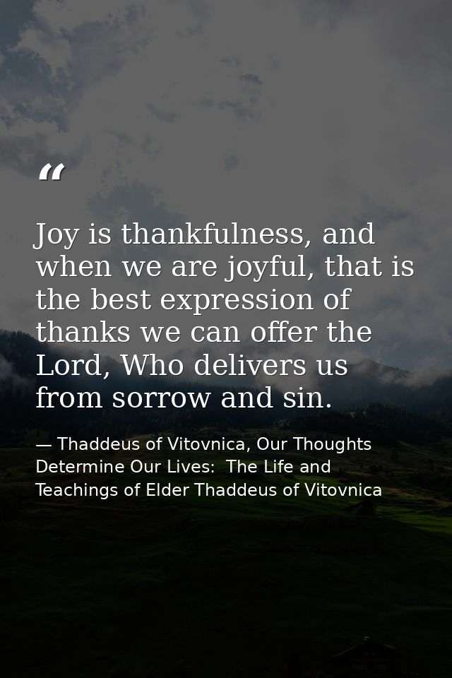 Joy is thankfulness, and when we are joyful, that is the best expression of thanks we can offer the Lord, Who delivers u — Thaddeus of Vitovnica, Our Thoughts Determine Our Lives:  The Life and Teachings of Elder Thaddeus of Vitovnica