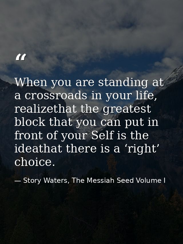 When you are standing at a crossroads in your life, realizethat the greatest block that you can put in front of your Sel — Story Waters, The Messiah Seed Volume I