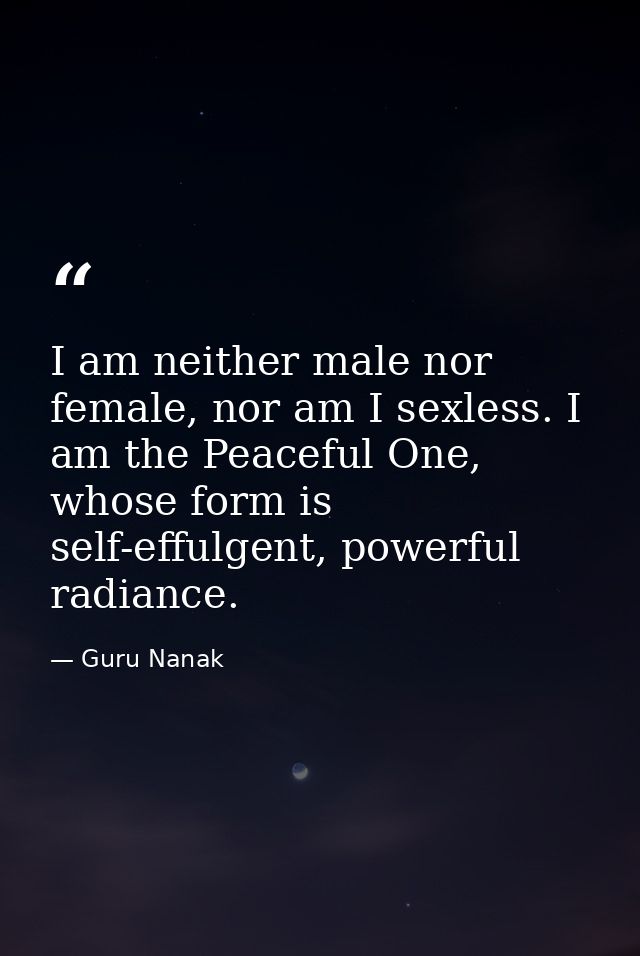 I am neither male nor female, nor am I sexless. I am the Peaceful One, whose form is self-effulgent, powerful radiance. — Guru Nanak