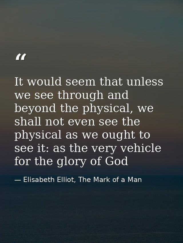 It would seem that unless we see through and beyond the physical, we shall not even see the physical as we ought to see  — Elisabeth Elliot, The Mark of a Man