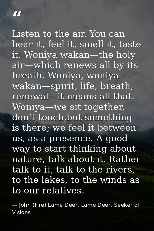 Listen to the air. You can hear it, feel it, smell it, taste it. Woniya wakan—the holy air—which renews all by its breat — John (Fire) Lame Deer, Lame Deer, Seeker of Visions