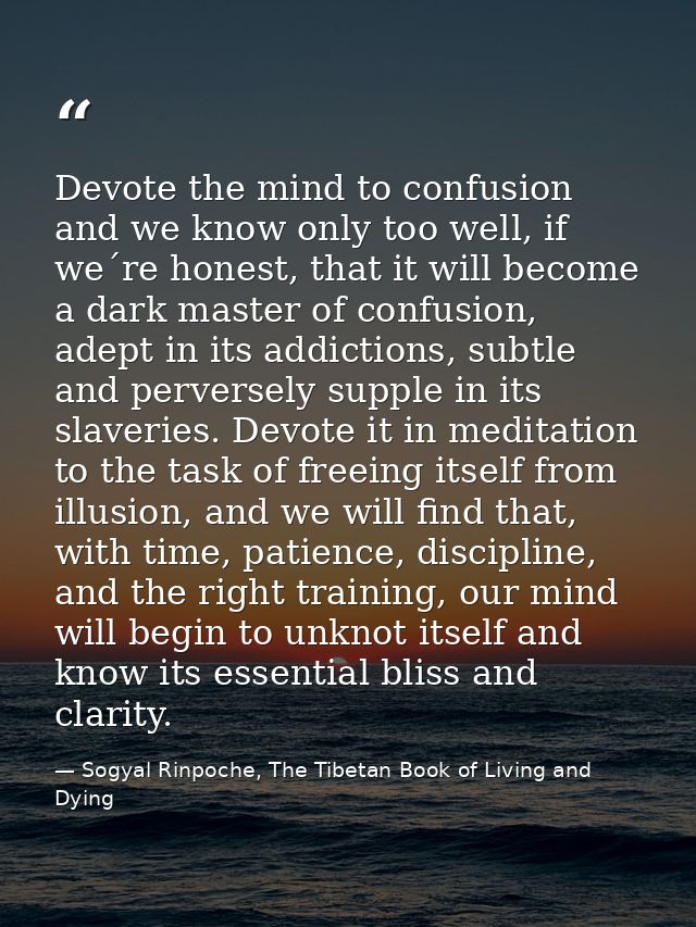 Devote the mind to confusion and we know only too well, if we´re honest, that it will become a dark master of confusion, — Sogyal Rinpoche, The Tibetan Book of Living and Dying