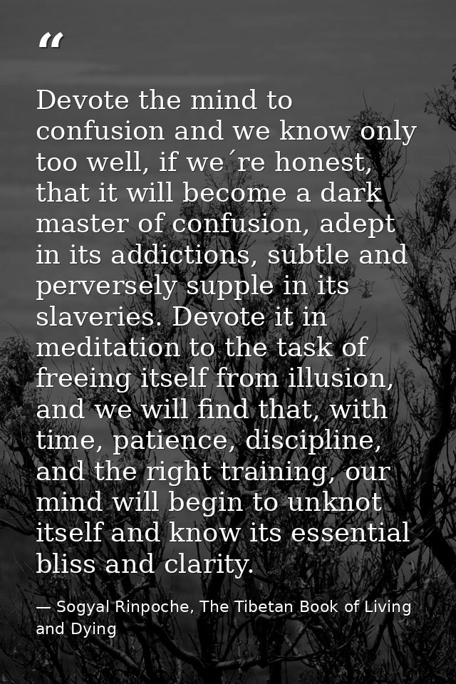 Devote the mind to confusion and we know only too well, if we´re honest, that it will become a dark master of confusion, — Sogyal Rinpoche, The Tibetan Book of Living and Dying