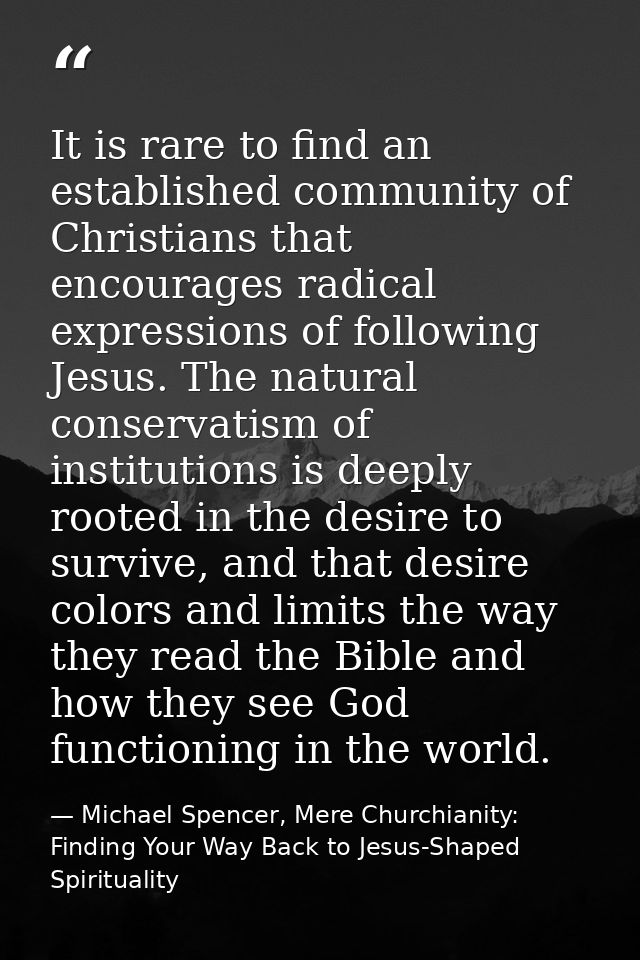 It is rare to find an established community of Christians that encourages radical expressions of following Jesus. The na — Michael Spencer, Mere Churchianity: Finding Your Way Back to Jesus-Shaped Spirituality