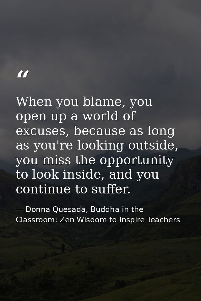 When you blame, you open up a world of excuses, because as long as you're looking outside, you miss the opportunity to l — Donna Quesada, Buddha in the Classroom: Zen Wisdom to Inspire Teachers