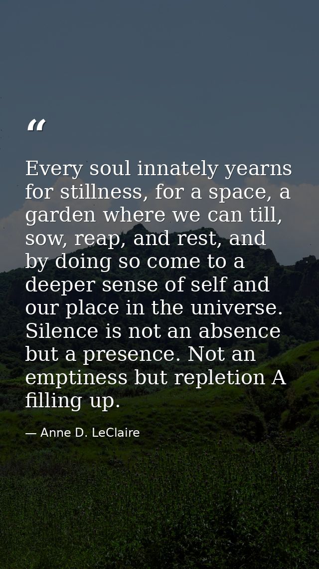 Every soul innately yearns for stillness, for a space, a garden where we can till, sow, reap, and rest, and by doing so  — Anne D. LeClaire