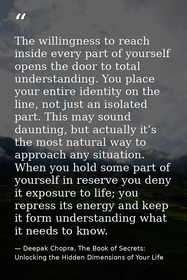 The willingness to reach inside every part of yourself opens the door to total understanding. You place your entire iden — Deepak Chopra, The Book of Secrets: Unlocking the Hidden Dimensions of Your Life