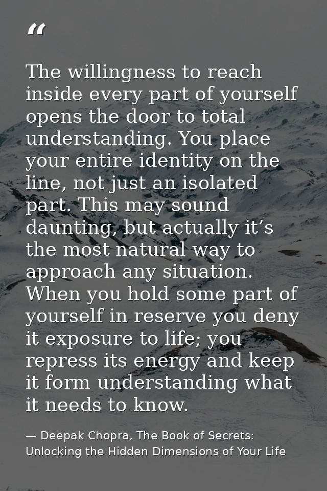 The willingness to reach inside every part of yourself opens the door to total understanding. You place your entire iden — Deepak Chopra, The Book of Secrets: Unlocking the Hidden Dimensions of Your Life