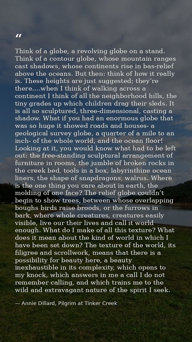 Think of a globe, a revolving globe on a stand. Think of a contour globe, whose mountain ranges cast shadows, whose cont — Annie Dillard, Pilgrim at Tinker Creek