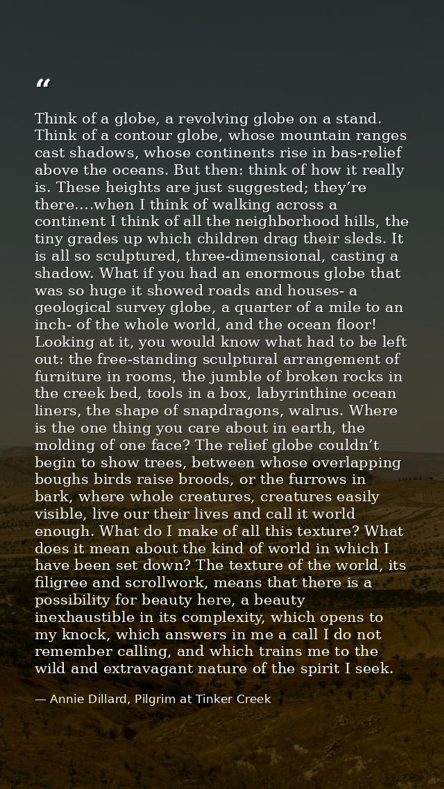 Think of a globe, a revolving globe on a stand. Think of a contour globe, whose mountain ranges cast shadows, whose cont — Annie Dillard, Pilgrim at Tinker Creek